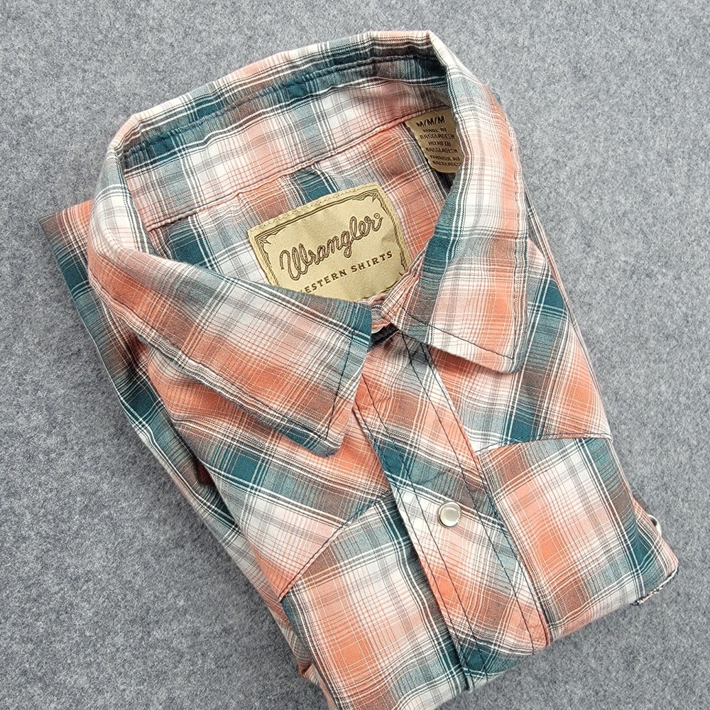 Wrangler Shirt Men's Med Orange Plaid Western Snap Short Sleeve Casual Cowboy - Picture 8 of 14